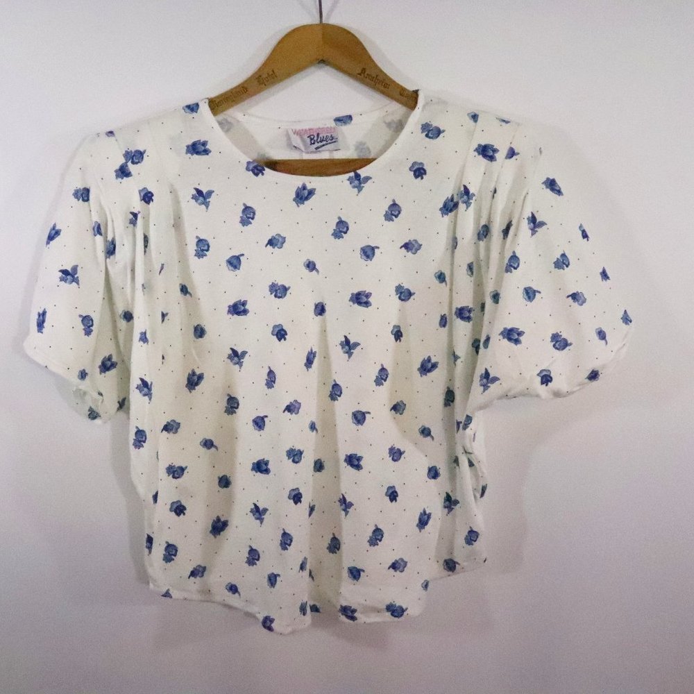 Vtg 80's Weathered Blues Floral Crop Top Size L